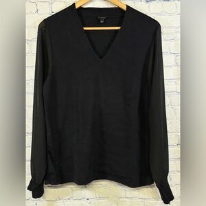 Talbots Black V Neck Sheer Poet Sleeve Casual Party Holiday Minimalist Sweater L
